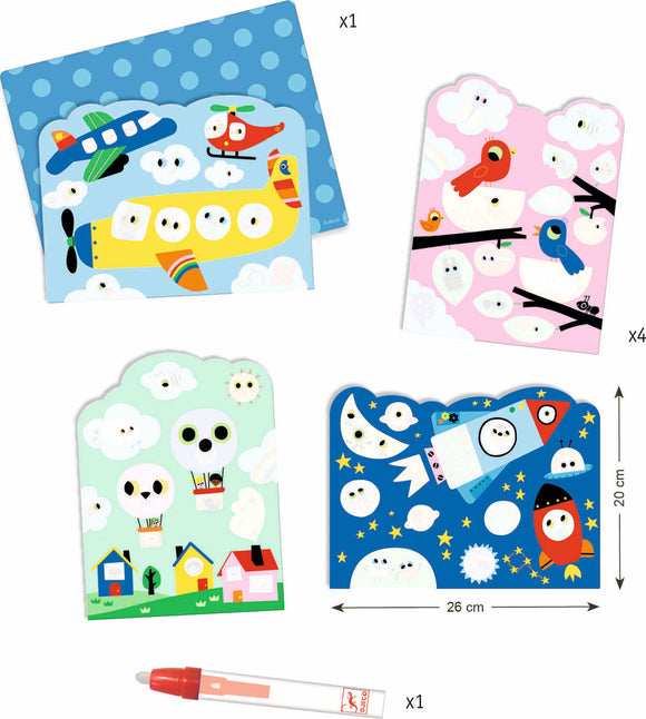 The Hidden in the Sky Paint with W DIY kit by DJECO features colorful, themed painting sheets depicting whimsical designs such as airplanes, birds, and balloons. The kit includes four illustrated sheets and a special pen for creative expression, perfect for young artists.