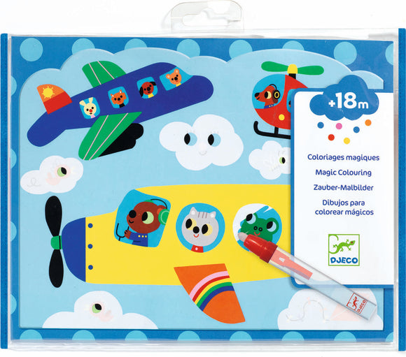 DJECO Magic Colouring kit 'Hidden in the Sky' featuring vibrant illustrations of whimsical airplanes, clouds, and friendly animal characters. The kit includes a special pen for magical color effects, suitable for kids aged 18 months and up.
