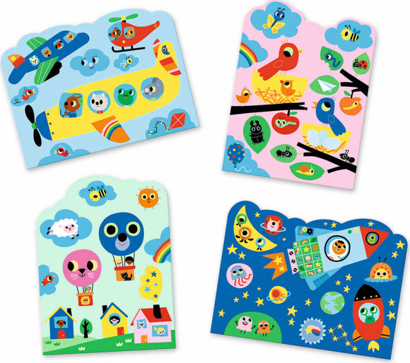 A colorful DIY kit called 'Hidden in the Sky Paint with W' by DJECO. It features various whimsical designs including an airplane, hot air balloons, birds, and space themes. The kit encourages creativity and imaginative play.