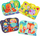 A colorful DIY painting kit featuring four vibrant illustrations of animals in a whimsical forest setting, including bears, owls, cats, and foxes, designed for creative engagement and enjoyment.