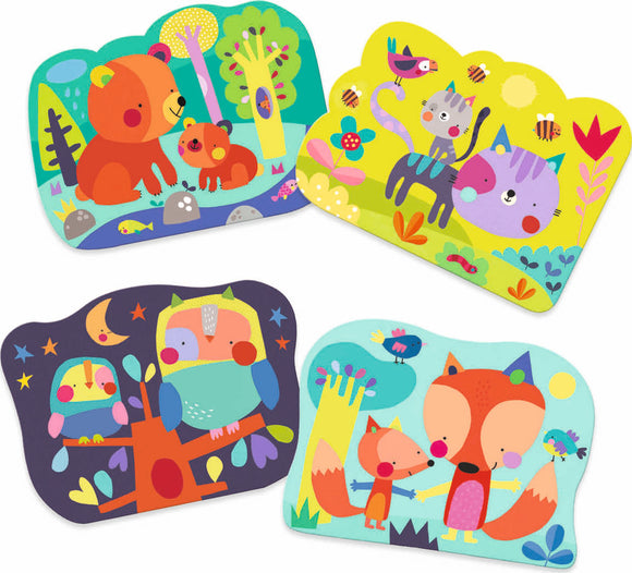 A colorful DIY painting kit featuring four vibrant illustrations of animals in a whimsical forest setting, including bears, owls, cats, and foxes, designed for creative engagement and enjoyment.