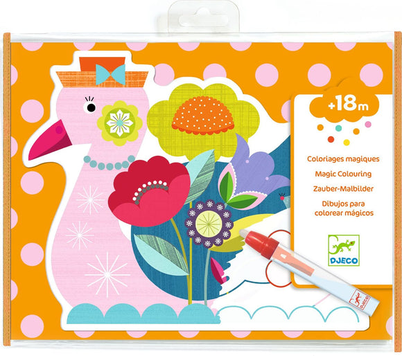Animalo-Len Paint with Water by DJECO features a whimsical design with a colorful pink bird surrounded by vibrant flowers on a bright orange background. Includes a magic coloring pen for a fun and creative DIY experience, suitable for children aged 18 months and older.