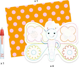 Animalo-Len Paint with Water DIY kit by DJECO. Includes a colorful butterfly design, four flower outlines, a vibrant spotted paper, and a washable marker for creative art fun. Perfect for children's crafts and hands-on activities.