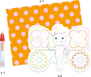 Animalo-Len Paint with Water DIY kit by DJECO. Includes a colorful butterfly design, four flower outlines, a vibrant spotted paper, and a washable marker for creative art fun. Perfect for children's crafts and hands-on activities.