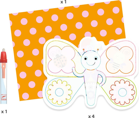 Animalo-Len Paint with Water DIY kit by DJECO. Includes a colorful butterfly design, four flower outlines, a vibrant spotted paper, and a washable marker for creative art fun. Perfect for children's crafts and hands-on activities.