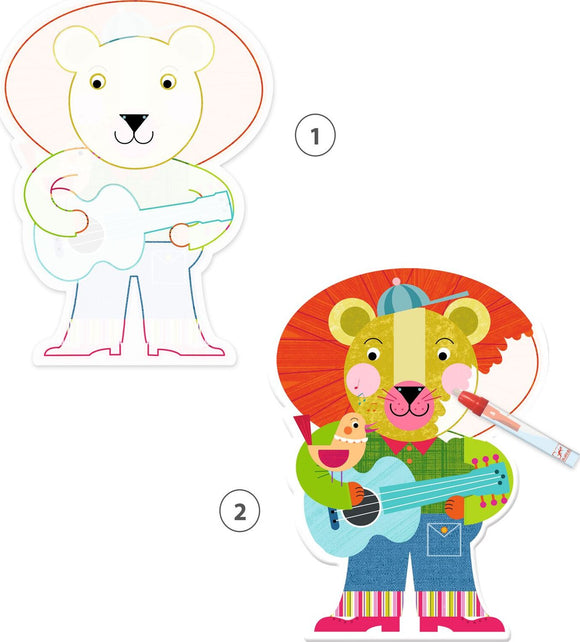 Animalo-Len Paint with Water DIY kit by DJECO featuring colorful animal characters holding instruments. The kit allows kids to paint and create fun designs, encouraging creativity and imagination.
