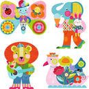 A colorful DIY kit featuring charming illustrations of a butterfly character with a ladybug and a bee, an elephant holding ice cream and a bunny, a lion playing guitar with a bird, and a decorated bird with flowers. The vibrant designs are ideal for creative painting activities.