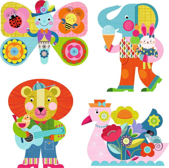 A colorful DIY kit featuring charming illustrations of a butterfly character with a ladybug and a bee, an elephant holding ice cream and a bunny, a lion playing guitar with a bird, and a decorated bird with flowers. The vibrant designs are ideal for creative painting activities.