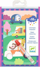 DJECO's 'On the Road Paint with Water' featuring a colorful cover with playful illustrations of animals in cars on a vibrant landscape. The package includes a magic marker for coloring that activates colors when used, suitable for children 18 months and older.