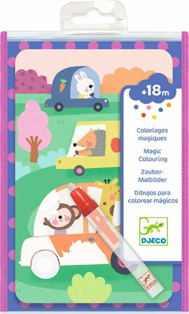 DJECO's 'On the Road Paint with Water' featuring a colorful cover with playful illustrations of animals in cars on a vibrant landscape. The package includes a magic marker for coloring that activates colors when used, suitable for children 18 months and older.