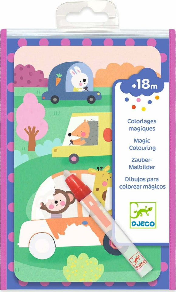 DJECO's 'On the Road Paint with Water' featuring a colorful cover with playful illustrations of animals in cars on a vibrant landscape. The package includes a magic marker for coloring that activates colors when used, suitable for children 18 months and older.