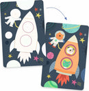 Colorful design featuring two rocket illustrations and friendly astronaut characters among stars and planets in a playful space theme. One rocket has a smiling face and the other features animals peeking out, inviting creativity and fun for children.