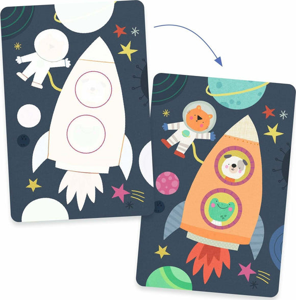 Colorful design featuring two rocket illustrations and friendly astronaut characters among stars and planets in a playful space theme. One rocket has a smiling face and the other features animals peeking out, inviting creativity and fun for children.