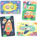 Colorful illustrations featuring fun animals in various vehicles including a submarine, a rocket, and cars. Each scene depicts playful characters exploring underwater, space, and a scenic road, ideal for children.
