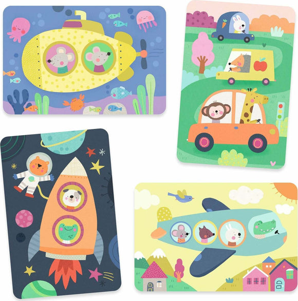 Colorful illustrations featuring fun animals in various vehicles including a submarine, a rocket, and cars. Each scene depicts playful characters exploring underwater, space, and a scenic road, ideal for children.
