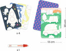 DJECO's 'On the Road' Paint with Water set featuring four colorful cards and a red watercolor pen. The cards showcase whimsical designs, including rockets, cars, and polka dots, perfect for creative play and artistic exploration. Dimensions of the cards are 20 cm by 13 cm.