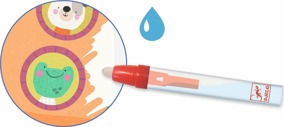 On the Road Paint with Water set by DJECO featuring a colorful illustration of a frog and a bear. Includes a water brush for easy painting. Perfect for creative play and developing fine motor skills.