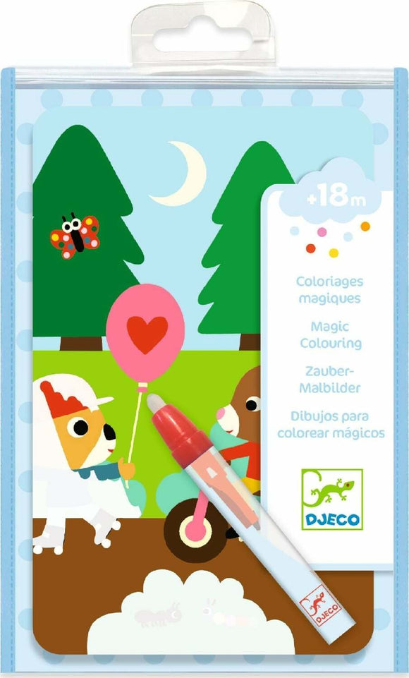 DJECO's In the Park Paint with Water is a creative coloring set designed for children 18 months and older. The packaging features playful illustrations of animals and a colorful landscape, showcasing the unique magic coloring feature that requires water for vibrant results. Includes a specially designed marker for easy use.