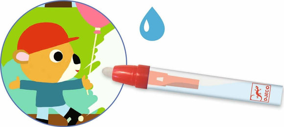 A colorful illustration featuring a cheerful bear wearing a red cap, enjoying a day in the park while holding a pink balloon. Next to the illustration is a water-based marker designed for painting with water.