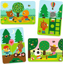Colorful illustrated scenes depicting adorable animals playing in a park, including a bear and a chick playing in the sandbox, a mouse in a hot air balloon, a rabbit riding a bike, and a panda with a goat in a garden. Each scene is vibrant and cheerful, capturing the joy of outdoor activities.