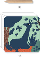 Big Animal Scratch Cards by DJECO, featuring a colorful design with a playful giraffe surrounded by butterflies and lush greenery. Includes one wooden scratching tool for creating unique designs on the cards.