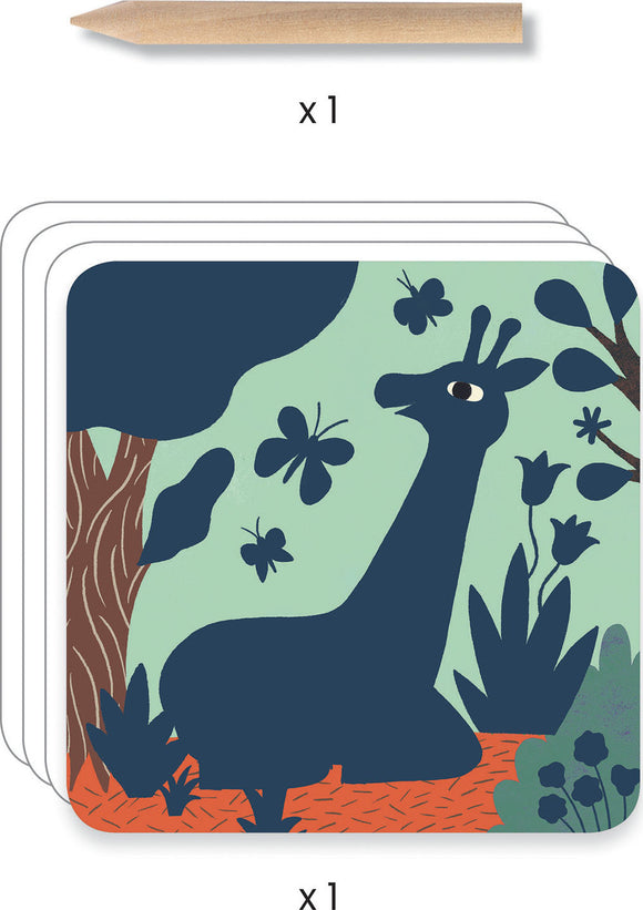 Big Animal Scratch Cards by DJECO, featuring a colorful design with a playful giraffe surrounded by butterflies and lush greenery. Includes one wooden scratching tool for creating unique designs on the cards.