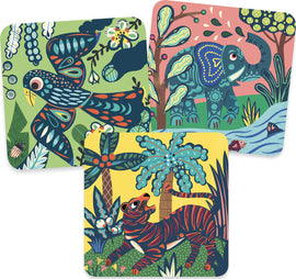 A vibrant set of Big Animal Scratch Cards featuring colorful illustrations of a tropical bird, an elephant, and a tiger amidst lush greenery. Each card showcases intricate designs and patterns, making them visually appealing for creative activities.
