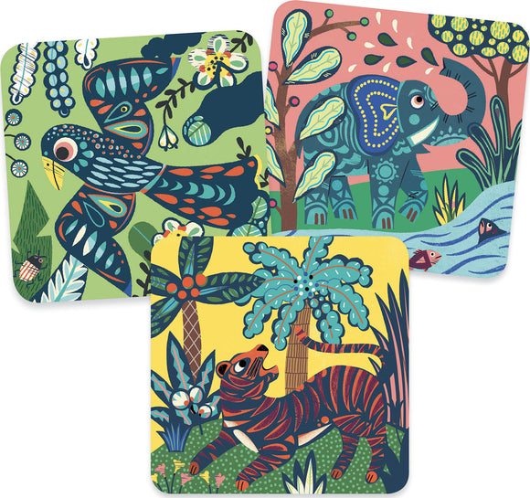 A vibrant set of Big Animal Scratch Cards featuring colorful illustrations of a tropical bird, an elephant, and a tiger amidst lush greenery. Each card showcases intricate designs and patterns, making them visually appealing for creative activities.