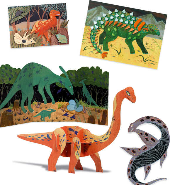 The World of Dinosaurs DIY kit by DJECO features colorful wooden dinosaur models and illustrated panels depicting various dinosaur scenes. The kit includes vibrant, easy-to-assemble dinosaur figures that inspire creativity and imaginative play, perfect for young dinosaur enthusiasts.