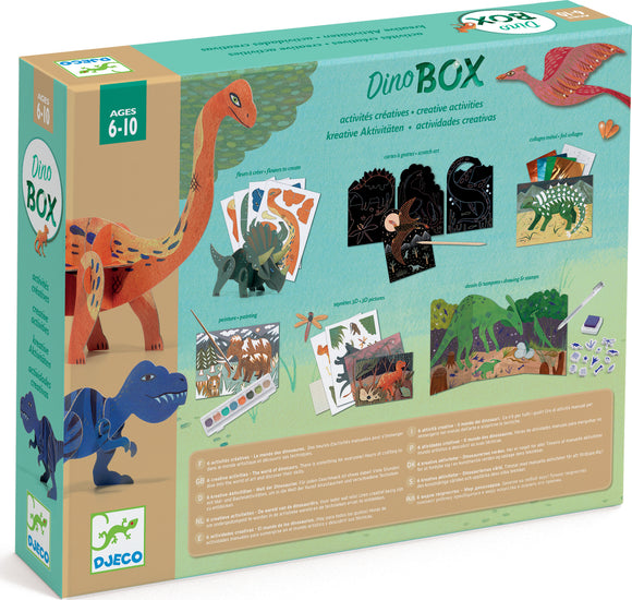 The World of Dinosaurs by DJECO, a creative DIY kit featuring colorful dinosaur-themed activities. The packaging showcases various creative projects including scratch art, painting, and model-making. Suitable for children aged 6-10, the kit is designed to ignite imagination and enhance crafting skills with engaging dinosaur motifs.