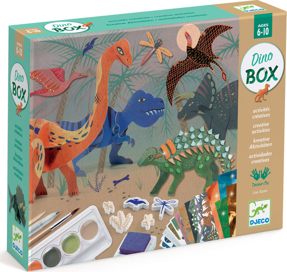The World of Dinosaurs DIY kit by DJECO, featuring colorful dinosaur figures, artistic tools, and creative materials for ages 6-10. Ideal for imaginative play and crafting.