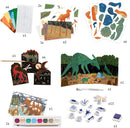 The World of Dinosaurs DIY kit by DJECO includes a variety of colorful, illustrated papers, dinosaur stickers, painting materials, decorative items, and themed creative tasks, perfect for inspiring imaginative play and artistic expression in children.