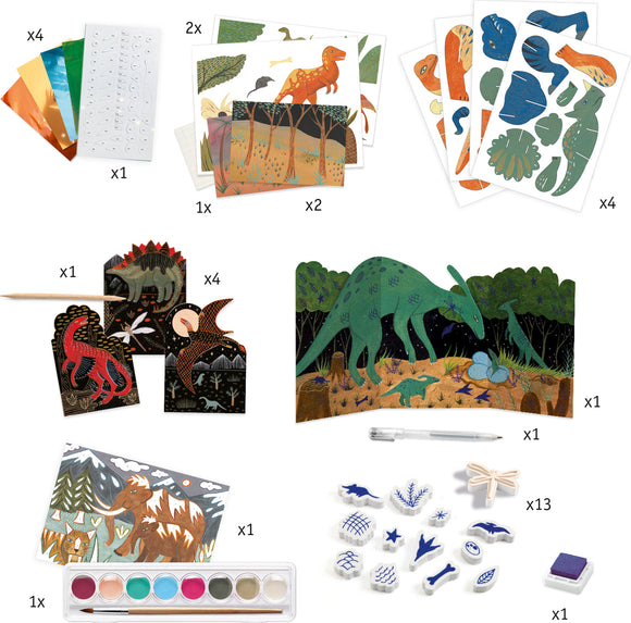 The World of Dinosaurs DIY kit by DJECO includes a variety of colorful, illustrated papers, dinosaur stickers, painting materials, decorative items, and themed creative tasks, perfect for inspiring imaginative play and artistic expression in children.