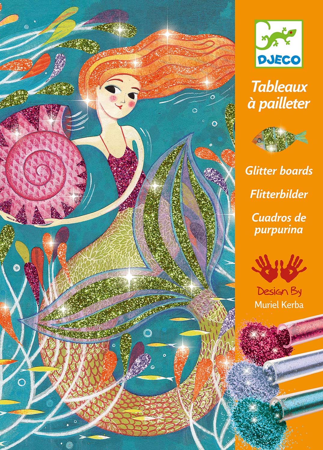 Mermaid Lights Glitter Boards by DJECO features a vibrant underwater scene with a sparkling mermaid and colorful sea plants. The kit includes glitter tubes for adding shine.