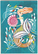 DJECO's Mermaid Lights Glitter Board kit featuring a vibrant design of a mermaid underwater surrounded by colorful plants and sea life. The board is numbered for easy glitter application, making it a fun DIY craft for kids.