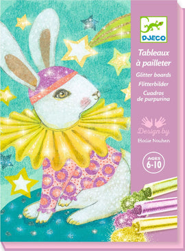 Djeco's 'Carnival of Animals Glitter' DIY kit features a whimsical rabbit adorned with a colorful collar and surrounded by sparkling stars. Includes glitter materials for creative crafting, ideal for ages 6-10.