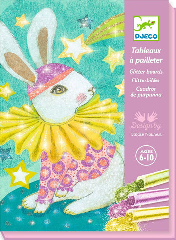 Djeco's 'Carnival of Animals Glitter' DIY kit features a whimsical rabbit adorned with a colorful collar and surrounded by sparkling stars. Includes glitter materials for creative crafting, ideal for ages 6-10.