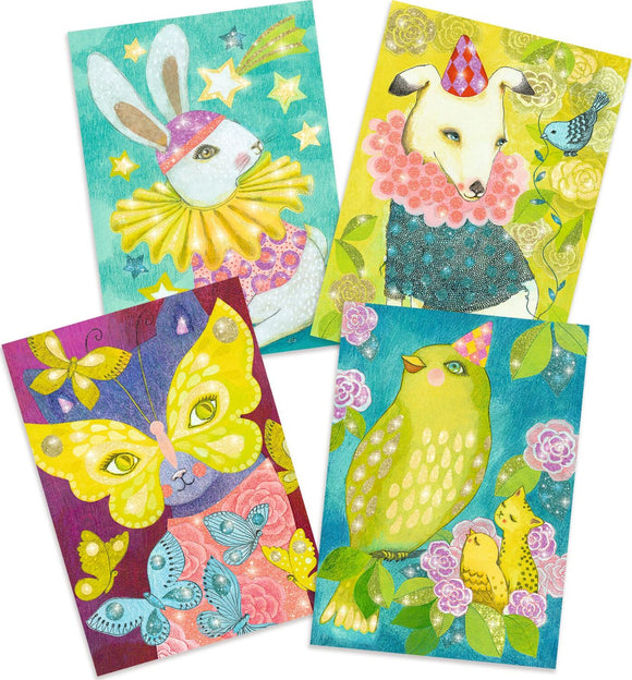 Djeco's 'Carnival of Animals Glitter' is a vibrant DIY kit featuring glittery decorations inspired by playful animals. The kit includes beautifully illustrated cards of a rabbit, dog, butterfly, and bird, each adorned with colorful patterns and festive party hats, perfect for artistic activities and enhancing creativity in children.