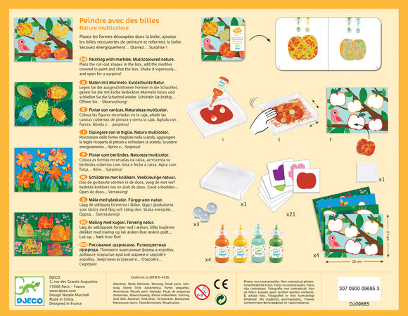 The Nature Painting Marble Painting kit by DJECO includes various shaped cut-outs, marbles, paint, and sheets to create colorful marble art. Instructions guide users in placing the cut-outs in a box, adding marbles, and shaking to create vibrant designs. Ideal for encouraging creativity in children.