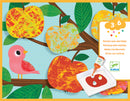 Nature Painting Marble Painting DIY kit by DJECO. Features colorful marbled apples, a pink bird, and a bottle of paint with marbles, encouraging creativity and artistic exploration for kids aged 3 to 6.