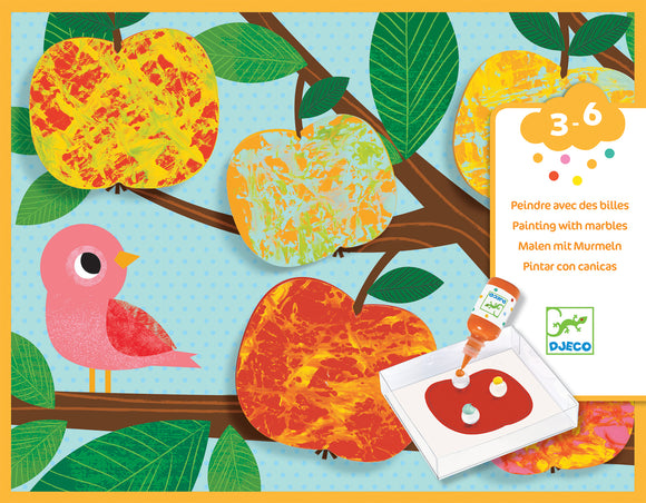Nature Painting Marble Painting DIY kit by DJECO. Features colorful marbled apples, a pink bird, and a bottle of paint with marbles, encouraging creativity and artistic exploration for kids aged 3 to 6.