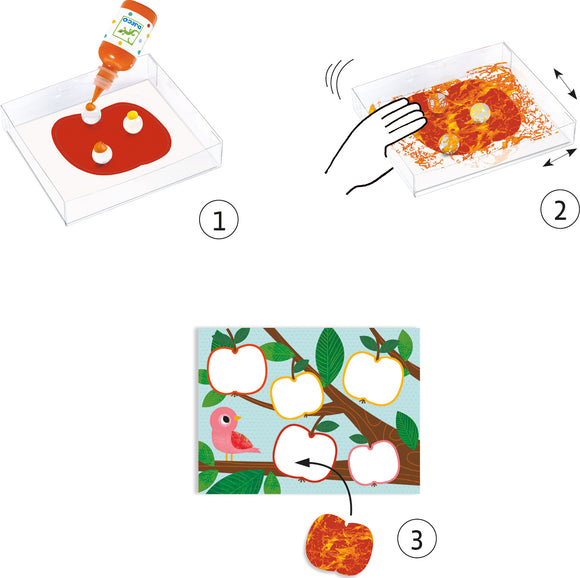 Creative DIY kit from DJECO, featuring Nature Painting Marble Painting. The kit includes colorful paint, a tray for mixing, and cards to create artistic apple designs with marbling effects, aimed at children's imaginative play.