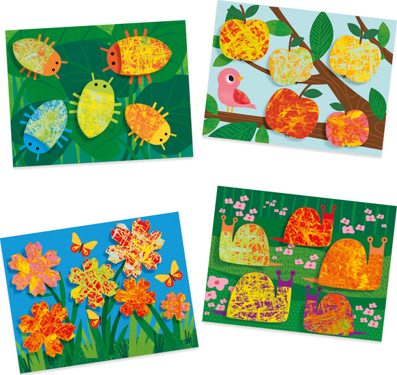 A vibrant DIY kit from DJECO featuring nature-themed painting activities. The kit includes colorful illustrations of insects, fruits, flowers, and snails, encouraging creativity and hands-on art-making for children.