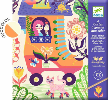 DJECO Wacky Houses Duel-Color Scratch Cards featuring vibrant designs with characters, flowers, and animals. Includes 4 scratch boards for creative fun.