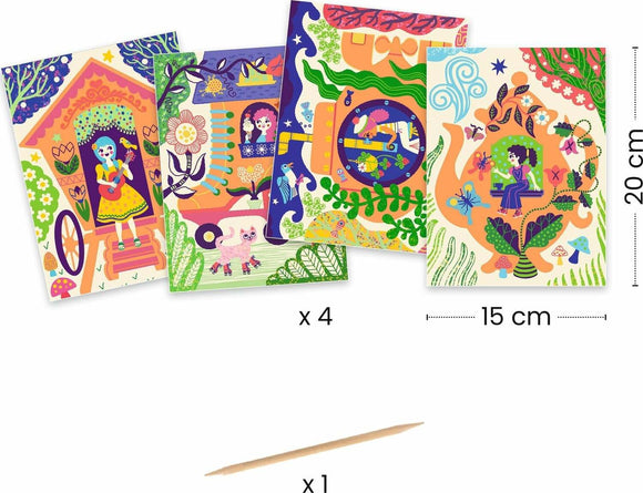 Wacky Houses Duel-Color Scratch Cards by DJECO, featuring four colorful scratch cards with whimsical house designs and playful characters. Each card measures 15 x 20 cm and includes a scratching tool for revealing hidden colors and patterns.