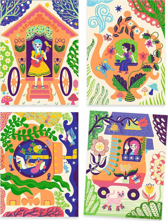 Wacky Houses Duel-Color Scratch Cards by DJECO featuring four vibrant illustrations of whimsical houses and characters. Each card showcases playful designs with elements like musical instruments, animals, and colorful foliage, perfect for sparking creativity.