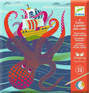 DJECO Topsy-Turvy Dual-color Scratch kit featuring vibrant artwork of an octopus and a pirate ship. Includes four scratch boards designed for children aged 5-8, enhancing creativity and fine motor skills.