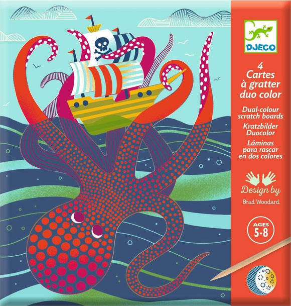 DJECO Topsy-Turvy Dual-color Scratch kit featuring vibrant artwork of an octopus and a pirate ship. Includes four scratch boards designed for children aged 5-8, enhancing creativity and fine motor skills.