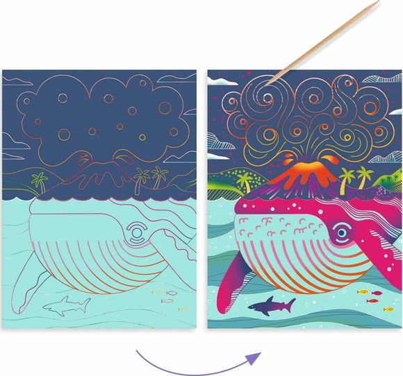 Topsy-Turvy Dual-color Scratch DIY kit by DJECO showcasing two vibrant illustrations, one featuring a whale against a volcanic backdrop and the other showing a colorful underwater scene. The kit includes a wooden scratch tool for revealing artwork.