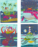 A compilation of four colorful illustrations featuring sea creatures and landscapes. The top left shows a vibrant crab with a treasure chest, surrounded by palm trees and jellyfish. The top right depicts a whale with a volcano in the background. The bottom left features an octopus with a pirate ship, and the bottom right illustrates a turtle swimming near a lighthouse under a starry sky, showcasing whimsical designs and bright colors.